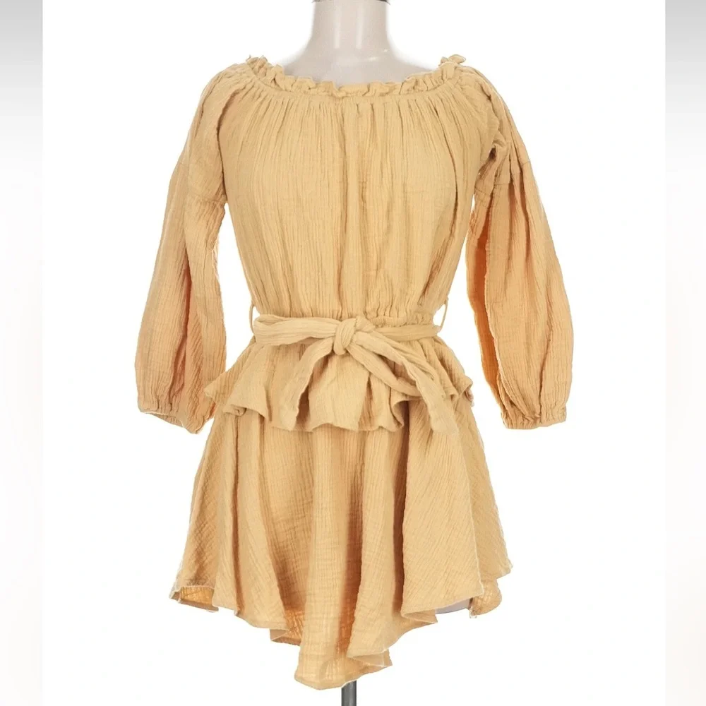 Petal & Pup 100% Cotton Golden Honey Off Shoulder Dress Size M Tie Waist Ruffle - Picture 2 of 11